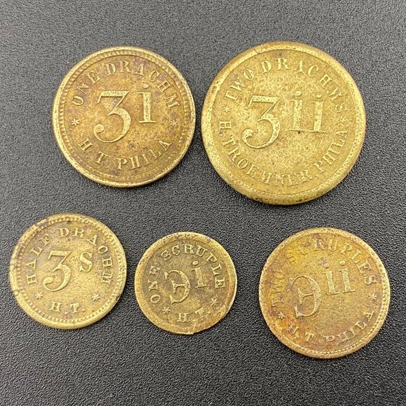 5 x Scruples Drachms H. Troemner, Phila. Apothecary Weight Token RARE 3ii 3i 3s - Picture 1 of 15